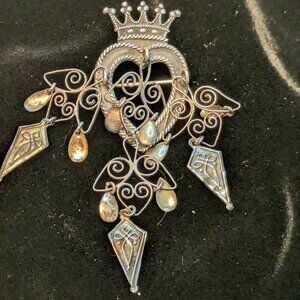 Vintage Norwegian 830 Silver Bunad Brooch Crowned Heart Filigree w/ Dangles